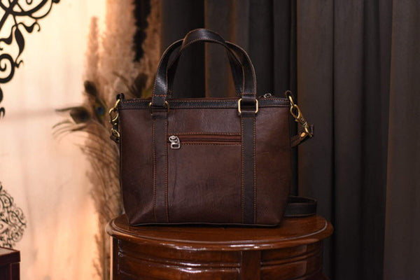 Brown Textured Plane Leather Bag